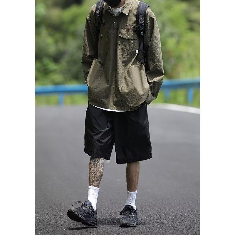 

Мужская рубашка в японском стиле с вышитыми буквами, длинными рукавами, лацканами, несколькими карманами, повседневное пальто на весну и осень 2XL армия зеленый