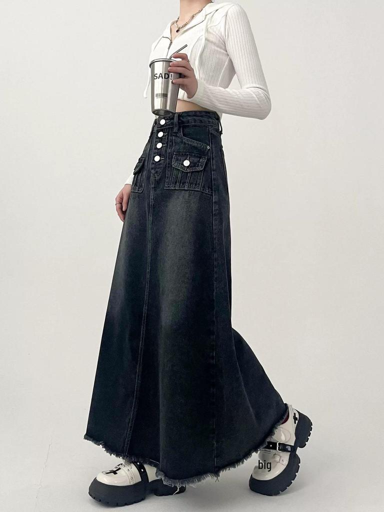 Women's Plus Size High Waist A-line Mid-length Denim Skirt - American Retro Style, Autumn Wear, Raw Edge, Flattering Fit