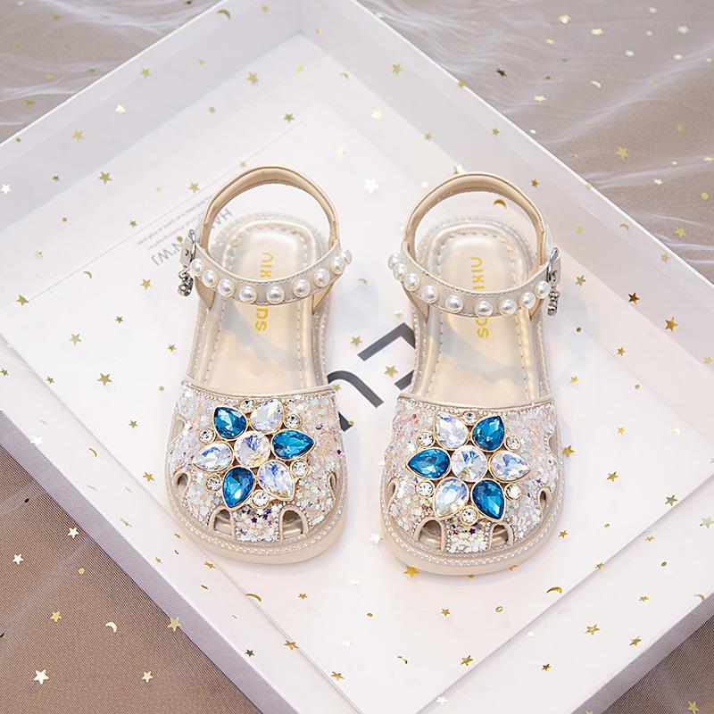 Girls shoes children's princess bag head sandals 2025 new spring and summer models little girl baby crystal big children soft sole