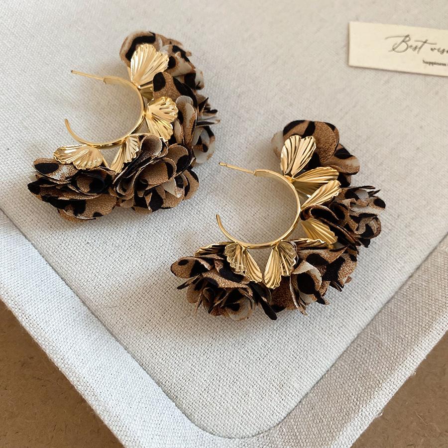 European and American retro fabric flower fringed leopard print earrings earrings personalized temperament earrings women