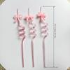 5Pcs Pink Bow Straw Curved Drink Reusable Glitter Straw Home Birthday Party Cocktail Wedding Tea Decorations Cute Supplies