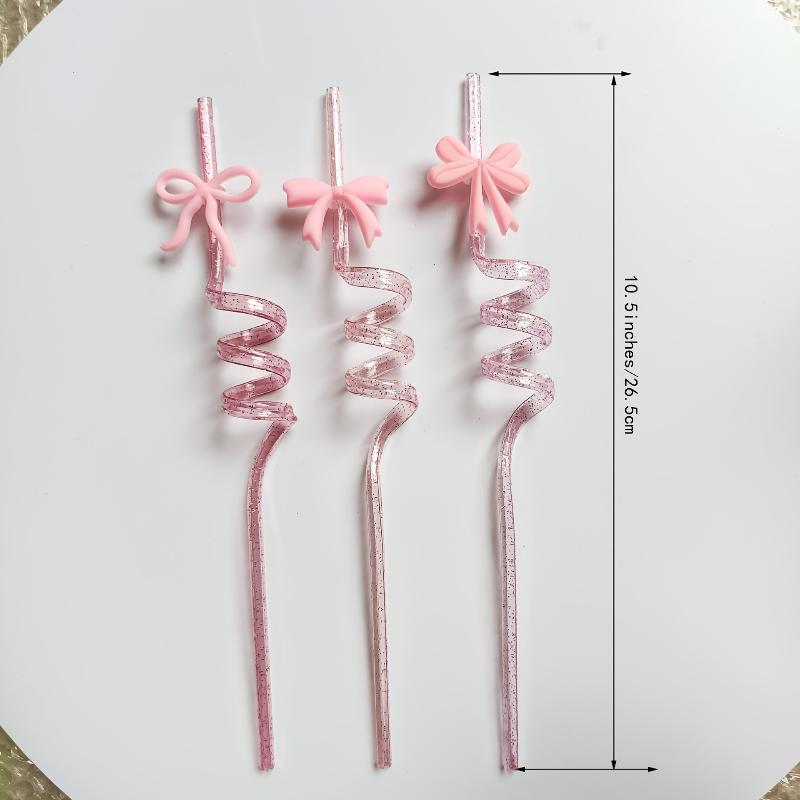 5Pcs Pink Bow Straw Curved Drink Reusable Glitter Straw Home Birthday Party Cocktail Wedding Tea Decorations Cute Supplies