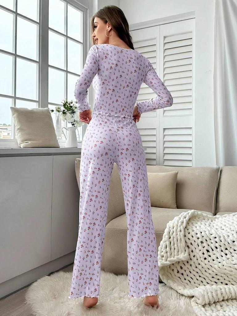 Women's Floral Print Long-Sleeve Pajamas Set with Rolled Edge