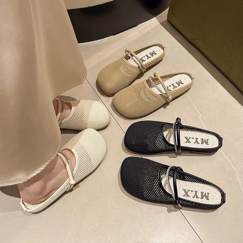 Fashion Women's Fashion Slippers Flat Sole Round Toe Mesh Upper Women's Mules Dress Outdoor Roman Retro Breathable Zapatillas De Mujer