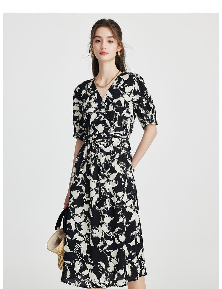 Heavy 19 Mu Mulberry Silk 26 Spring/Summer V-neck Reduced Age Printed Waist Elegant Medium to Long Dress