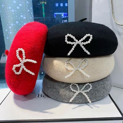 Spring and Summer New Pearl Bow Pleated Korean Version Sweet All-match Hat Female Spring Style Art Painter Hat Beret