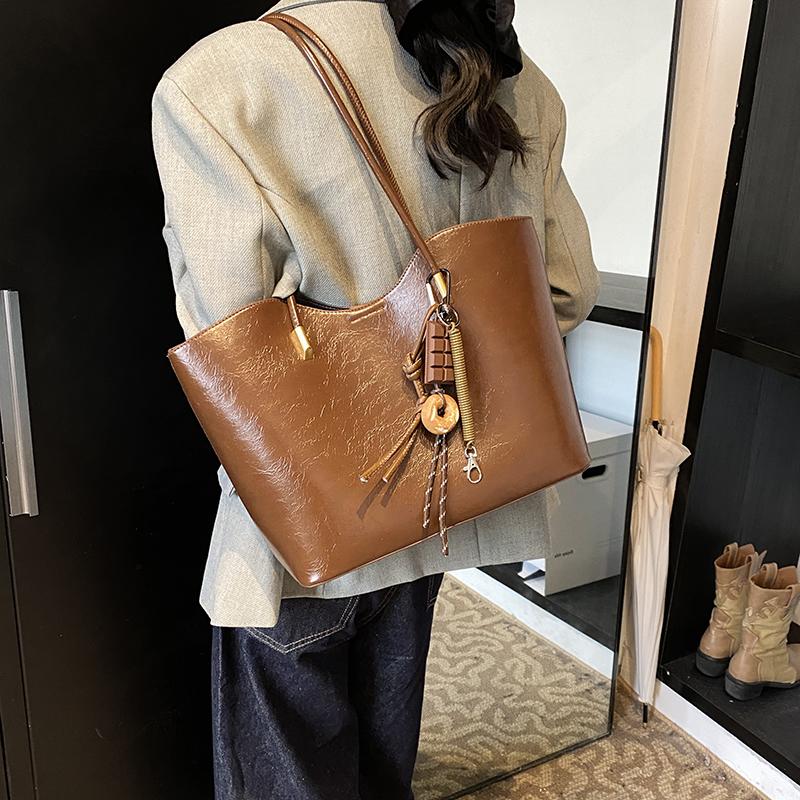 Bright PU Leather Big Tote Bag Set For Women 2-IN-1 Solid Color Shoulder Bags With Pendant Vintage Large Capacity Shopper Totes