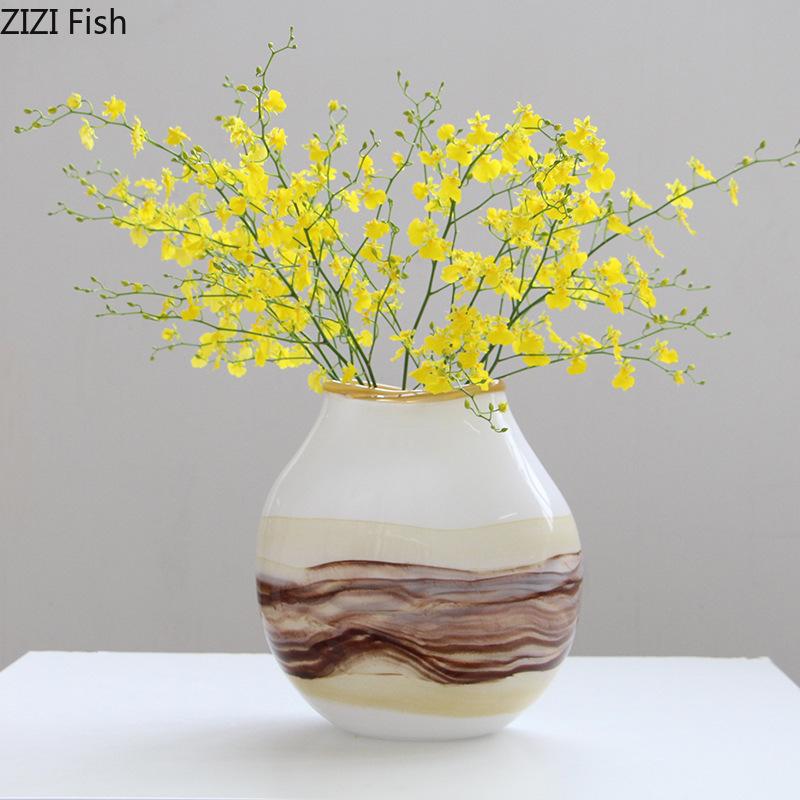 Creative Painted Stripes Glass Vase Table Decoration Artificial Flower Decorative Flowers Arrangement Room Aesthetic Decor