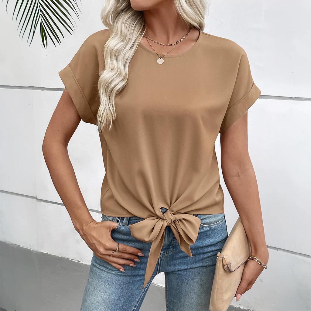 Dámské ležérní a elegantní tričko s krátkým rukávem a mašlí v boho barvě