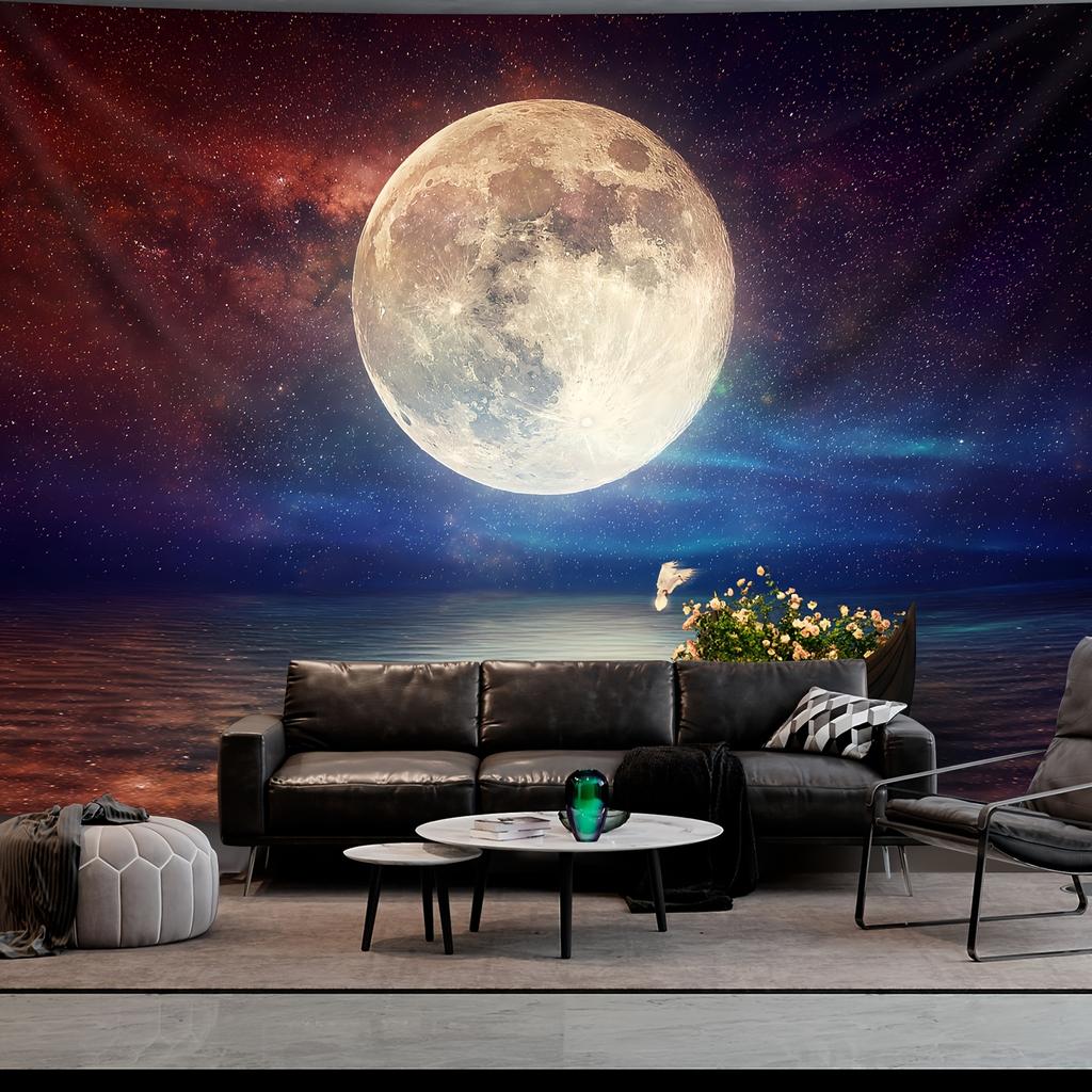 Stunning Cosmic Moonlit Night Wall Tapestry For Bedroom Decor, Featuring A Vividly Detailed Full Moon Over A Serene Ocean