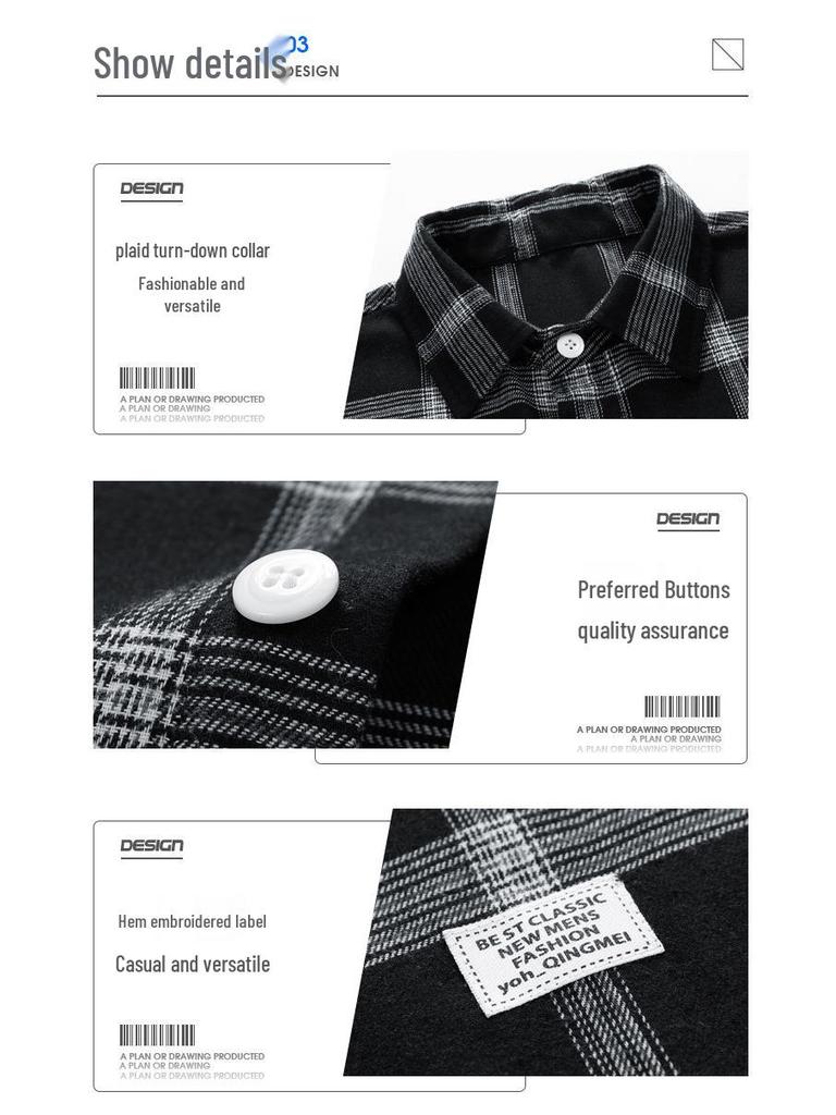 Men's Long-Sleeve Plaid Shirt, Loose Fit, Harajuku Style, Perfect for Spring and Autumn.