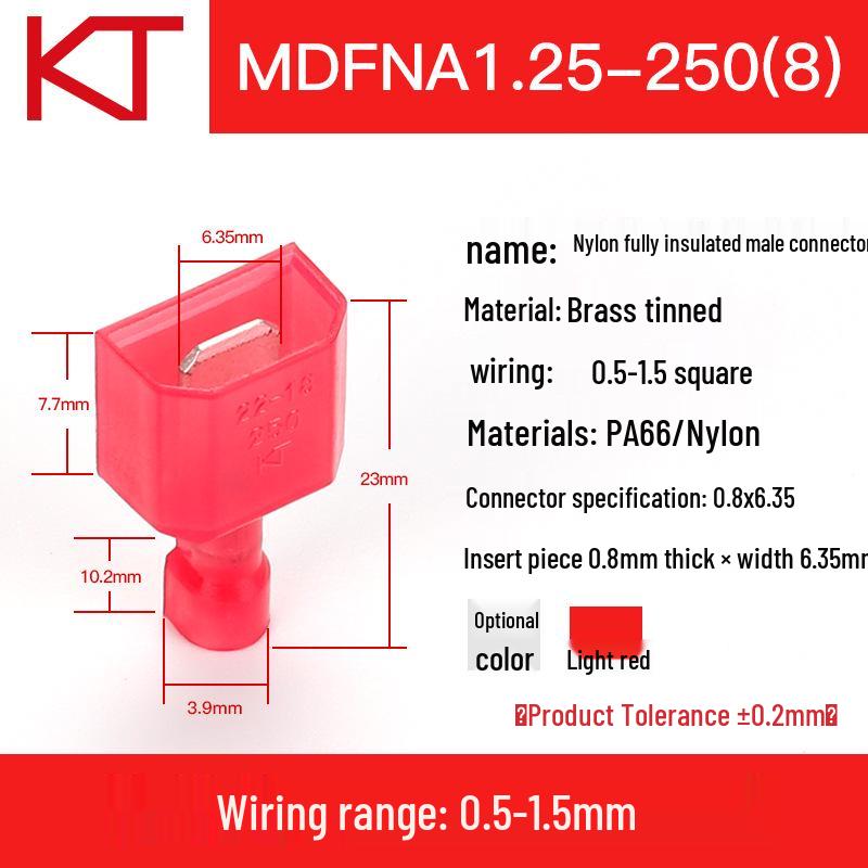 KT Nylon Male Fully Insulated Blade Terminal MDFN/A1.25/2/5.5-250 Cold Crimp Connector