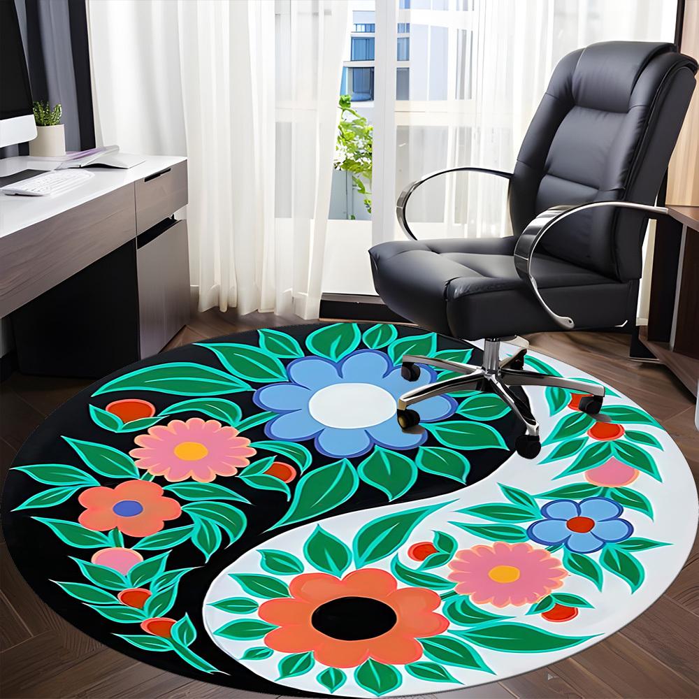 1pc Floral Yin Yang Symbol Carpet, Round Non Slip Durable Large Size Office Carpet, Suitable for Office