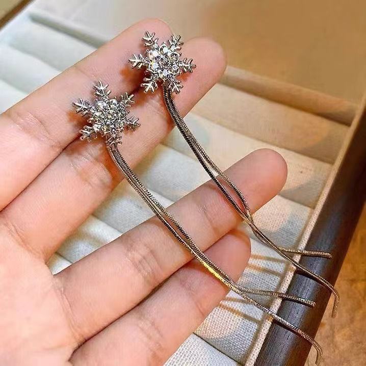 Korean Luxury Shining Zircon Snowflake Long Tassel Stud Earrings for Women Two Ways To Wear Earrings Fashion Designer Jewelry