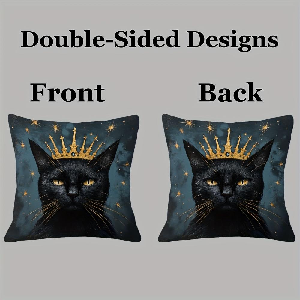 1Pc Vintage Black Cat Pillowcase - Golden Crown & Stars, 18X18 Inches, Soft Short Plush, Double-Sided,Hand Wash,Sofa & Bed Decor
