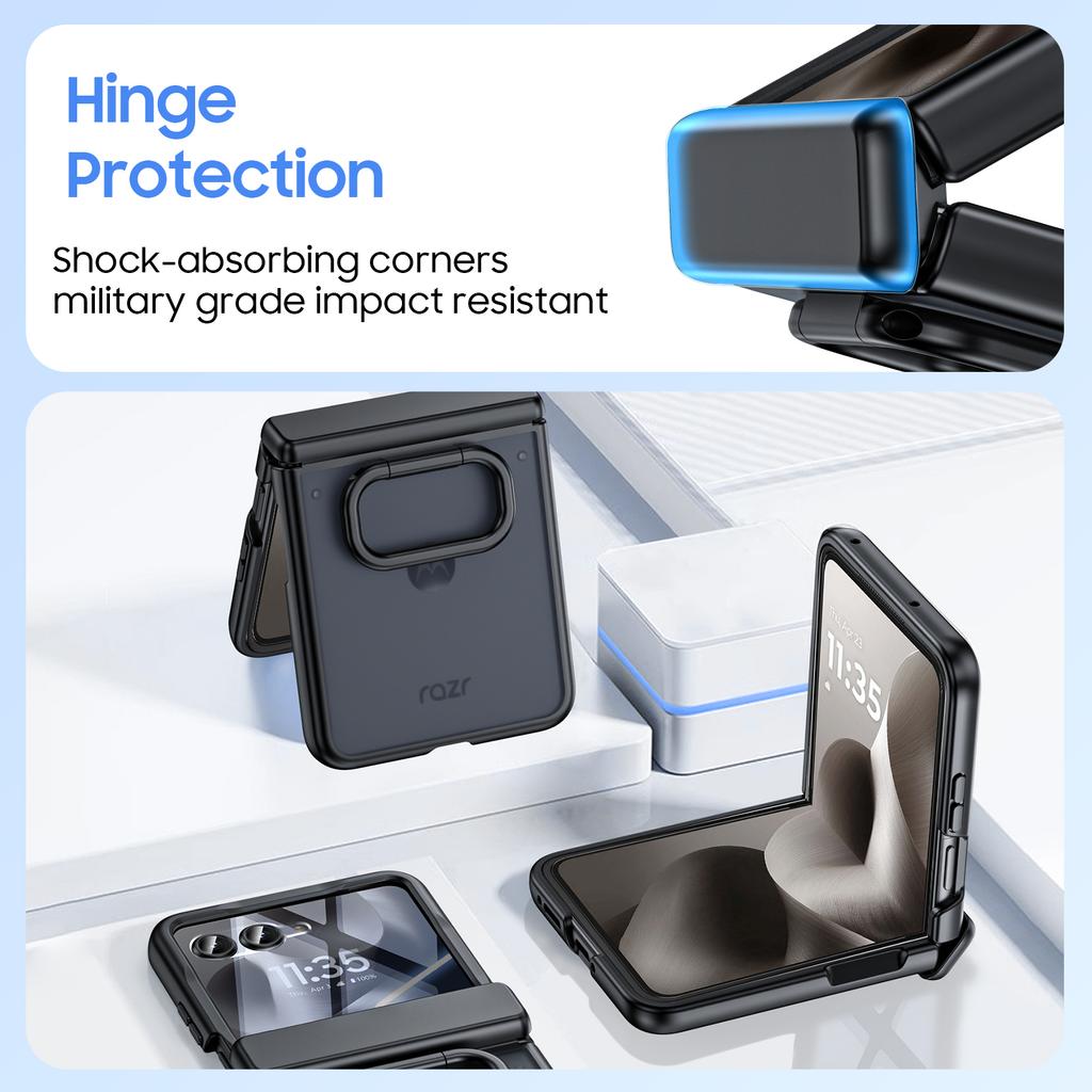 For Motorola Razr Ultra 2025 / Razr Ultra 2026 with Built-in Screen Protector,Ring Holder Hinge Protection Rugged Case Translucent Matte Cover-Black