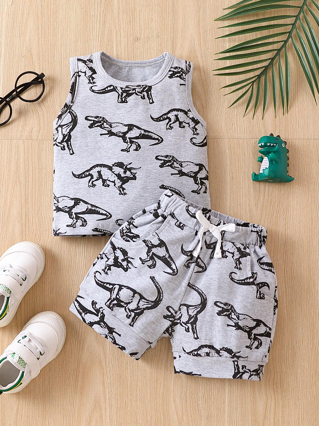Boys 2 Pcs Set Dinosaur Print Sleeveless Vest and Shorts Summer Outfit for Kids Cartoon Toddler Clothes 70 серый
