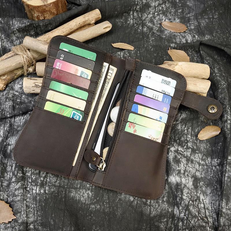Men's Crazy Horse Leather Wallet Genuine Long Iron Chain Anti Theft Handbag RFID Demagnetization Zero