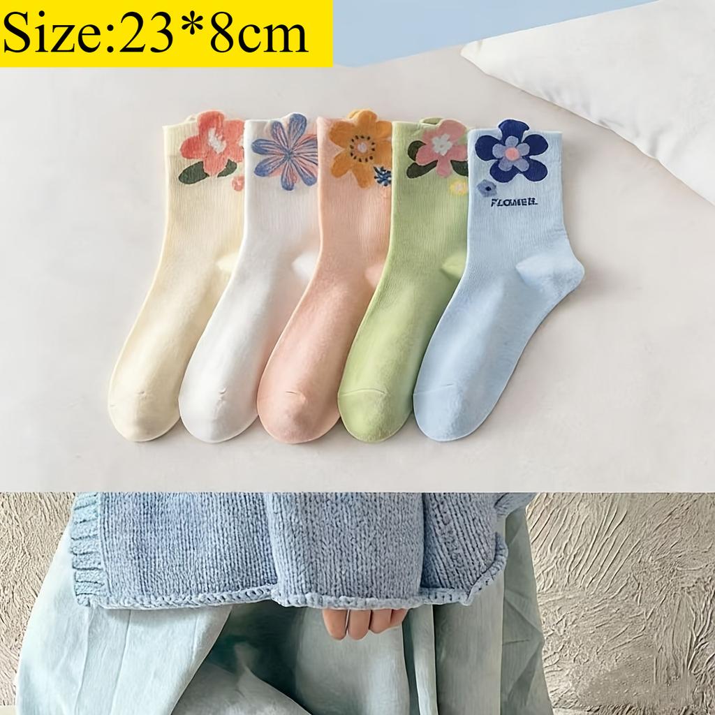 5 Pairs Women's Korean Style Long Socks, Cute Japanese Aesthetic Mid-Calf Socks, Colorful Floral Pattern