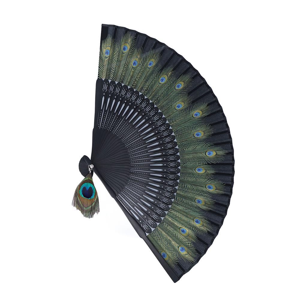 Folding Fan Black Bones Beautiful Peacock Pattern Antique Bamboo Hand Fan for Performance Clothes Decoration Gift