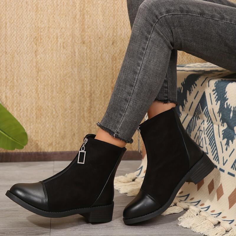 Fashion French Retro Suede Black Ankle Boots Women 2025 Autumn Comfort Thick Heel Stretch Boots Glitter Zip Decoration Shoes for Women