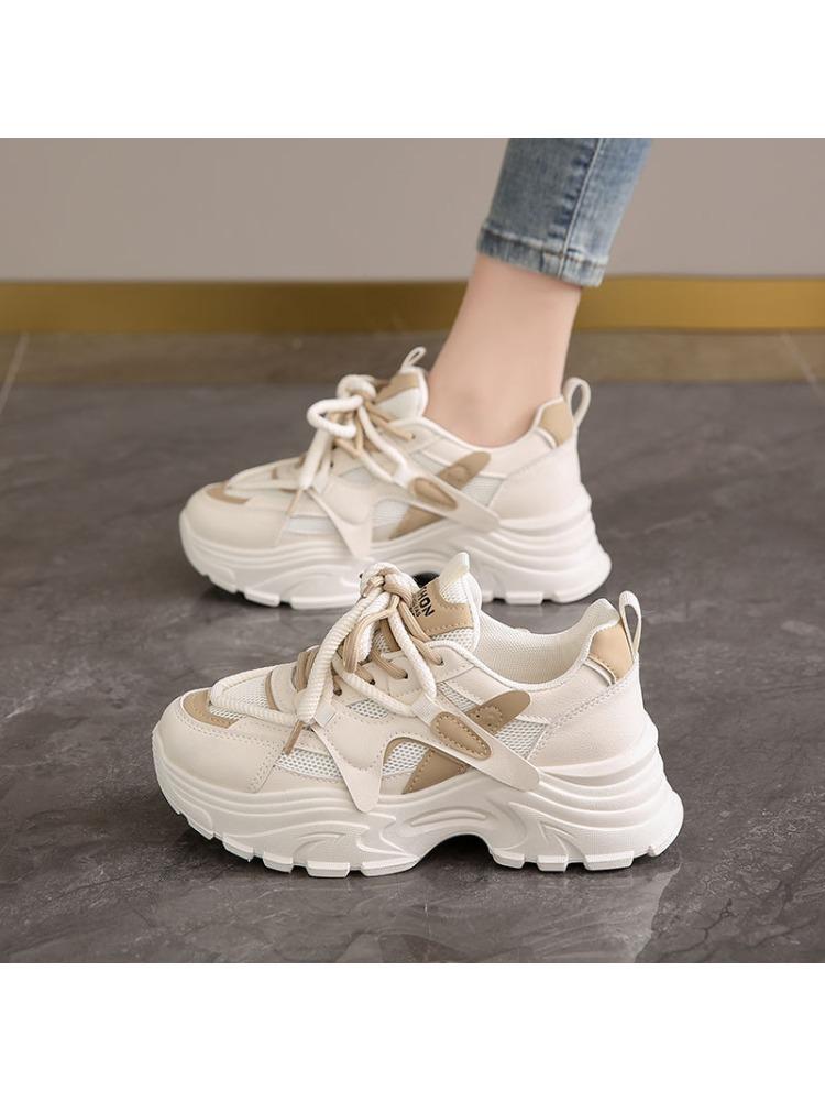 Fashion Casual Sporty Best - Selling Beige - White Chunky Dad Sneakers, Mesh & Strap Detail, Ideal for Daily Wear