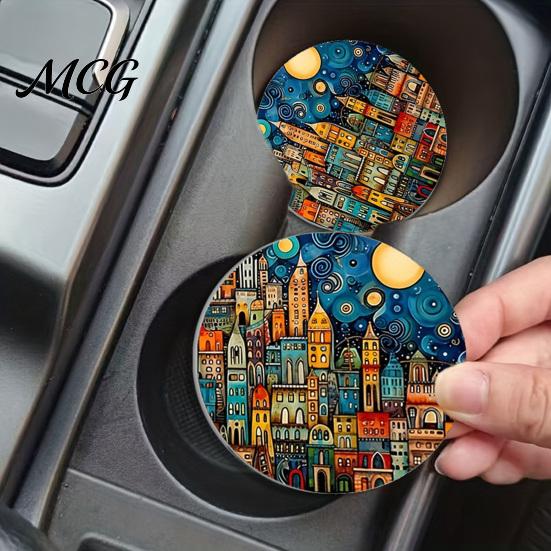 Easy Clean Car Coasters 2PCS Coasters, Oil Painting Print, Decorative Non-Slip Thermal Pads, Stain-Resistant Modern Accessory Gift to Cup Holders, for
