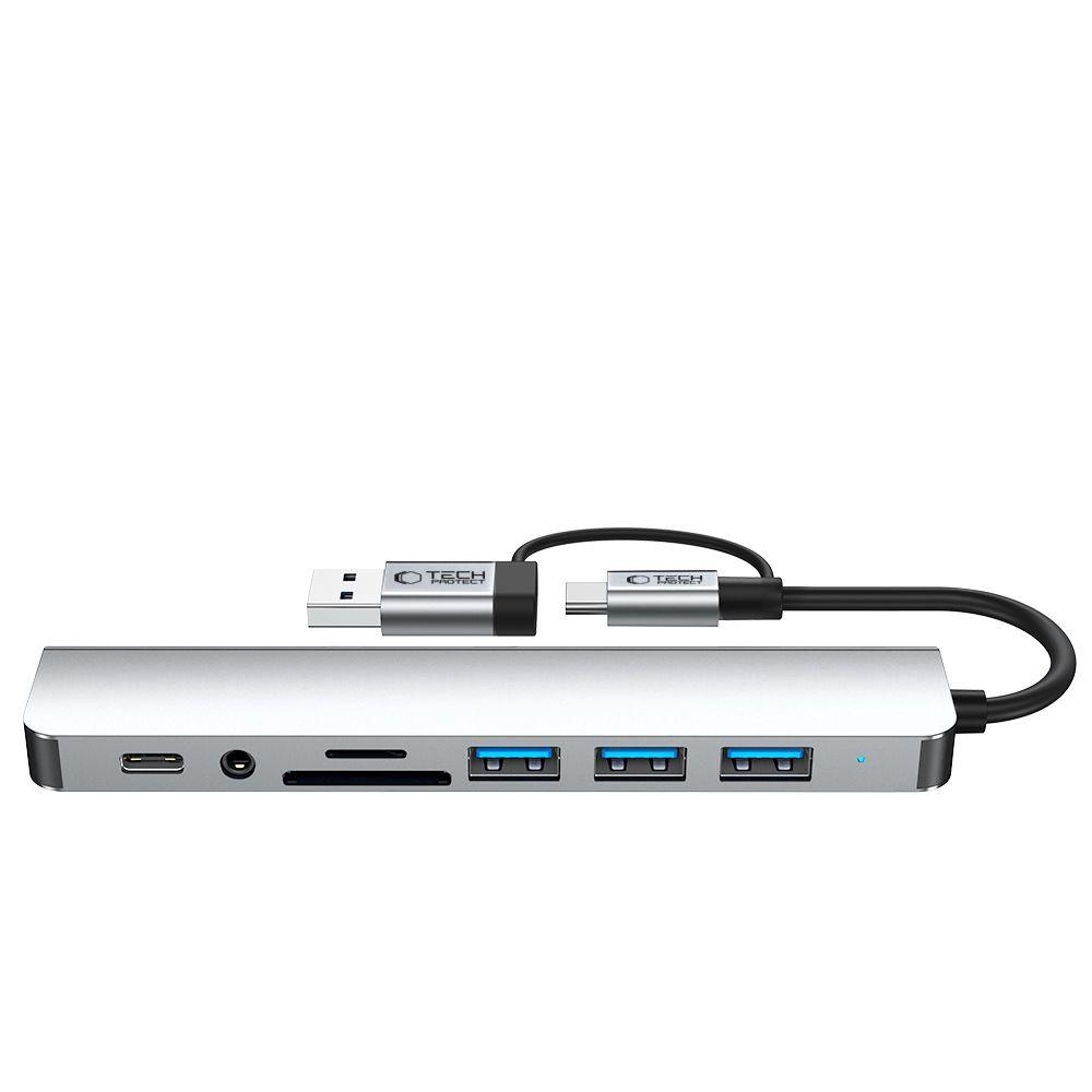 HUB rozdzielacz wielofunkcyjny 8w1 USB-C USB-A SD/TF AV3.5 - szary