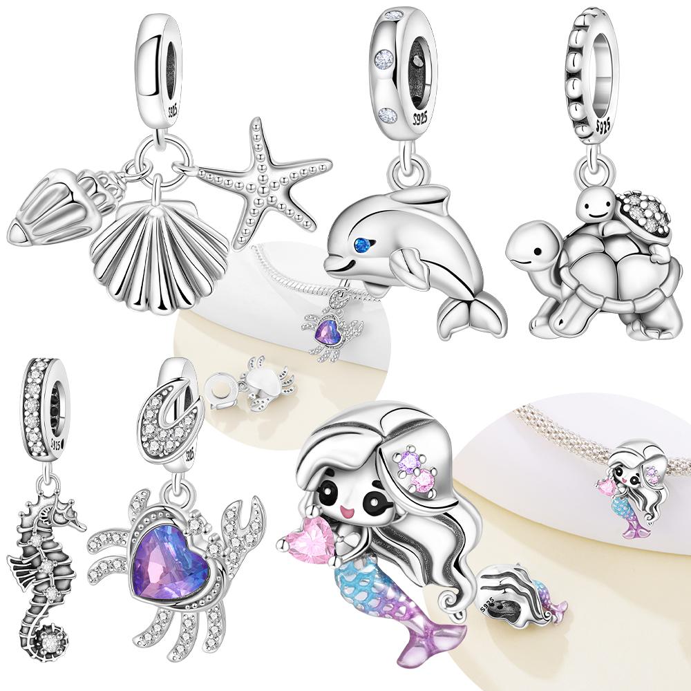 Original Charm Copper Heart Purple Zircon Crab Pendant Animal Marine Shell Mermaid Beads Fit Bracelet Women Jewelry Diy Gift