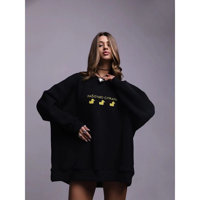 

European and American New Print Top Loose round Neck All-Match Hoodie Loose round Neck Neck Neck Printed Top Black S