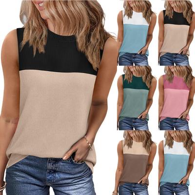 Summer Round Neck Color Blocked Sleeveless Top Short Sleeved Vest for Women Vests
