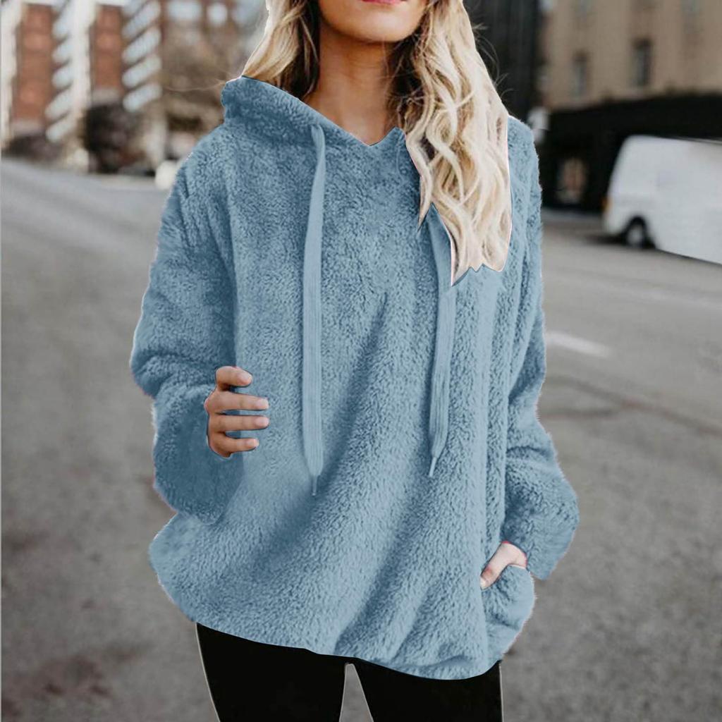 Women's Fashionable Warm Fleece Solid Color Hoodie Zipper Pocket Casual Sweatshirts