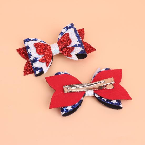 Independence Day Bow Hair Clip, Double-Layered Red White Blue Glitter Bow Hair Pin, Non-Slip Clip for Holiday Party Accessory