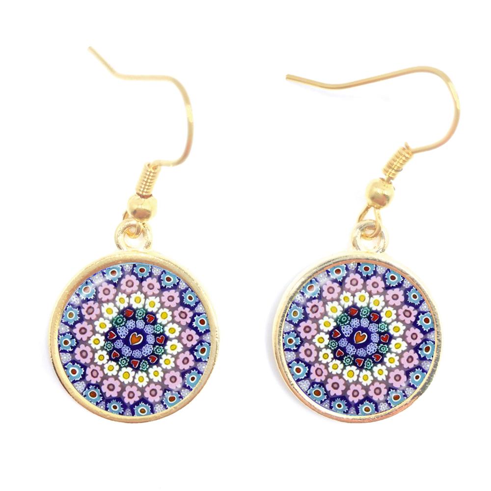 Murano Millefiori Drop Earrings MultiColour Flower 16mm Glass Cabochon Earring Jewelry For Women Girls Gift