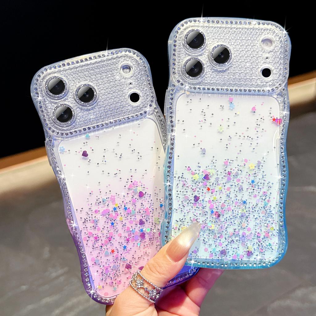 For iPhone 17 Pro Max Case Glitter Epoxy Design TPU Protective Case with Sparkly Rhinestone Decor Wave Frame