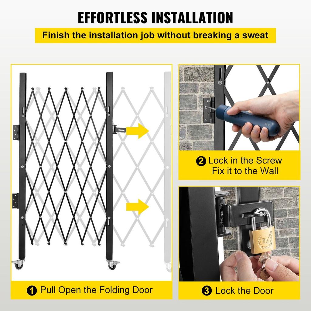 Single Folding Security Gate, 94 × 122 cm(W × H) Folding Door Gate, Steel Accordion Security Gate, Flexible Expanding Security Gate, 360° Rolling