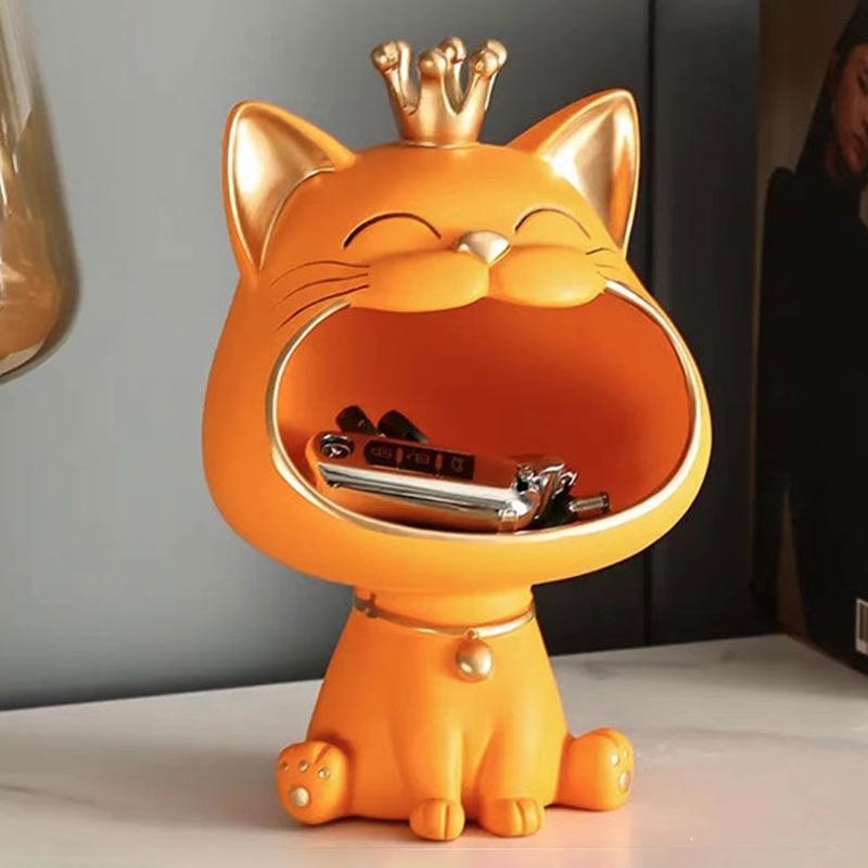 

Laughing Cat Figure Storage Box Key Watch Holder Resin Cat Sculpture Home Decor,Size L Orange