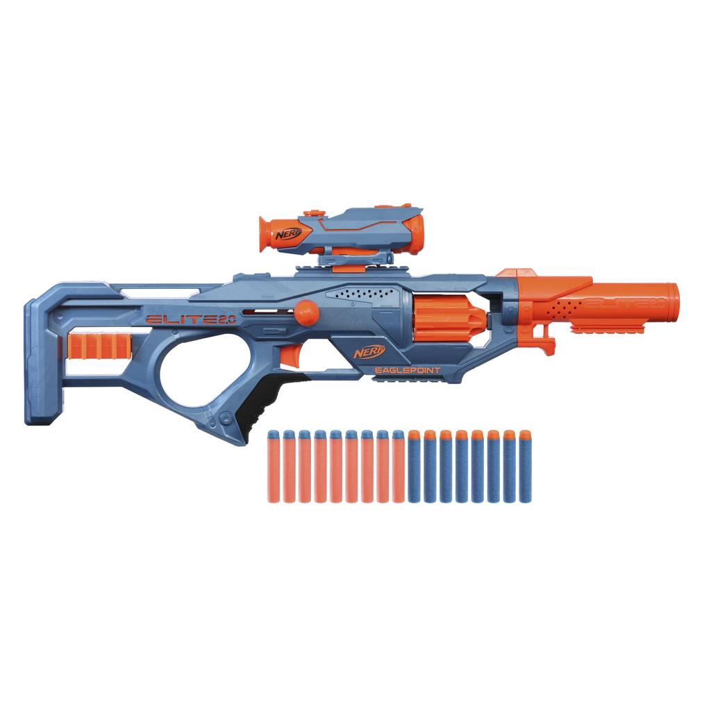 Hasbro Nerf Elite Eagle Point Pistolet na strzałki z lunetą Nerf Bolt Zabawka zewnętrzna dla chłopców i dziewcząt Wiek 2.0 RD-8 Bębenek na 8 strzałek, & Zbiornik, Akcja, 8+