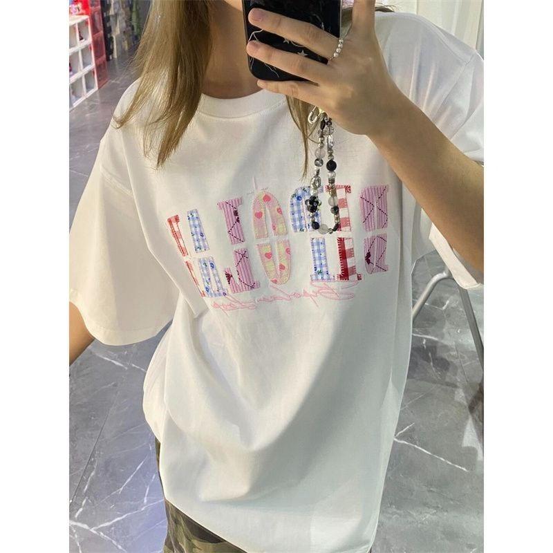 

Женские футболки с вышивкой букв, летняя мода, повседневные, с круглым вырезом, с коротким рукавом, корейский простой стиль, женская одежда XXL белый
