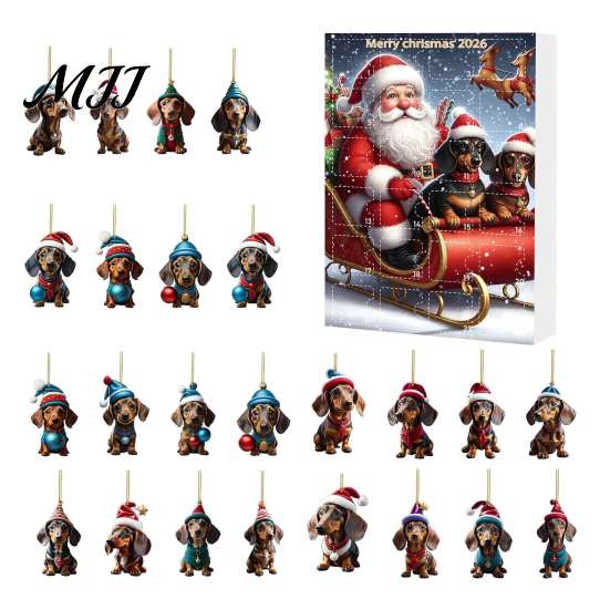 Regalo per Festa di Natale Calendari dell'Avvento Bassotto 2026, 24 Giorni Ciondolo Acrilico 2D Decorazione da Appendere all'Albero Calendario del Conto alla Rovescia, Ornamenti da Collezione Cane,