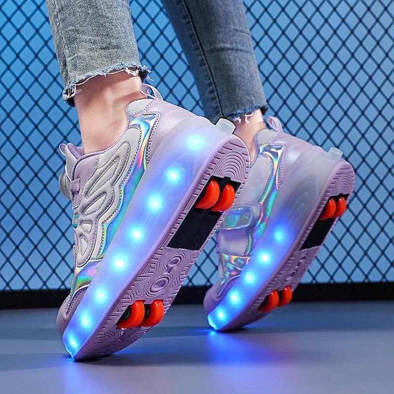 LED Speed Roller Skates for Children Racing Ice Skating Sneaker with Wheels NEW 4 Wheels Roller Skates Shoes for Boys and Girls
