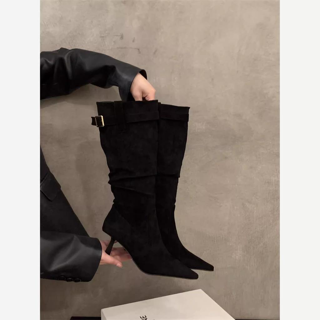 Pointed High Heel Khaki Skinny Boots Women's Shoes Summer Vintage Pile Boots Medium Barrel