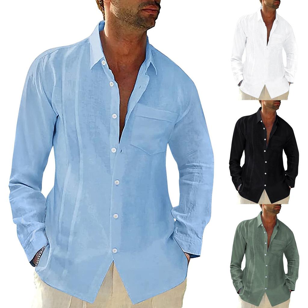 Mens Casual Loose Long Sleeve Cotton Color Shirt Lapel Neck Shirt Tops