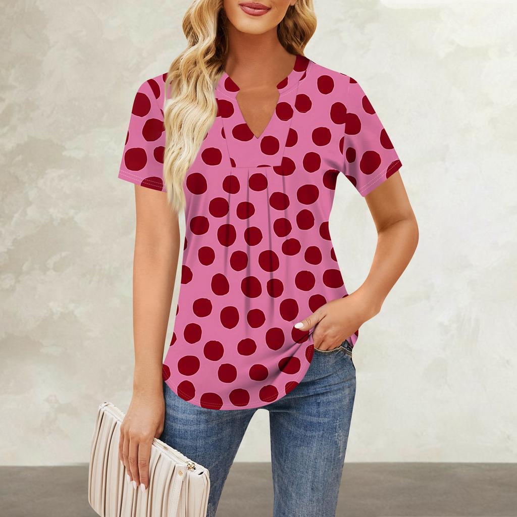 Women's Short Sleeve Casual V-neck Chest Pleated Printed Loose T-shirt Top