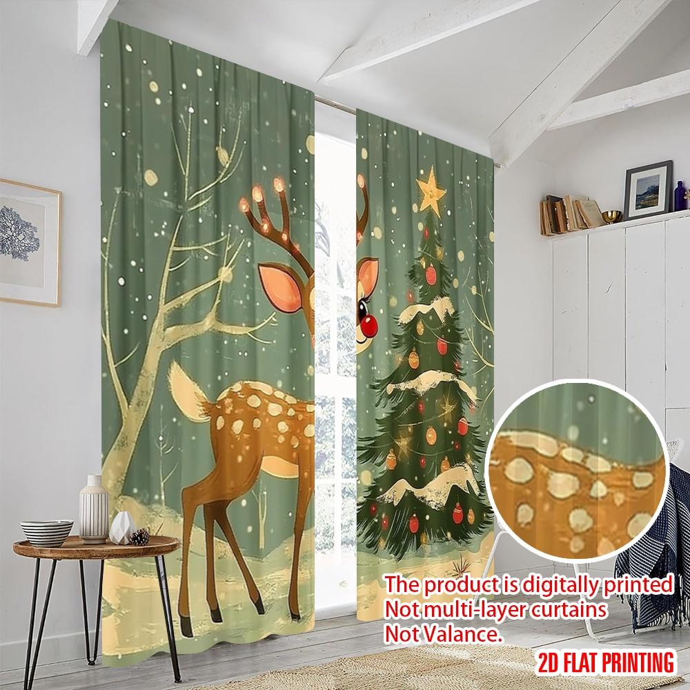 2pcs,2D Plane Printing Popular Curtain Panels Cute Reindeer Christmas Tree Snow (3) Durable Polyester (without Rod) Room Decor