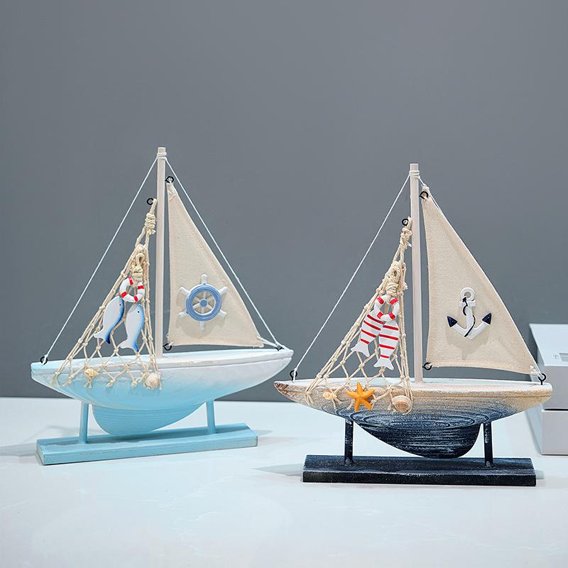 Mediterranean Style Small Boat Decoration Wooden Sailboat Model Small Ornaments Creative Handicraft Boat Model Room Decoration