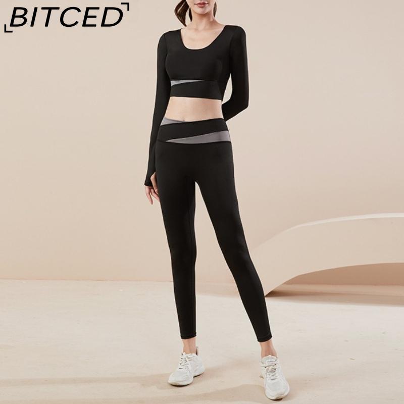 BITCED Color-Block Long Yoga Set Quick-Dry Seamless Nude-Feel Fitness Wear Seamless Slimming Breathable Sports Set