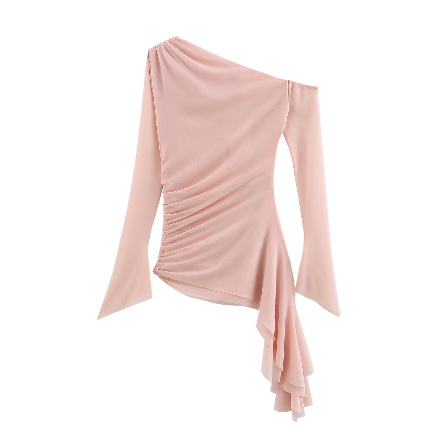 

Spring 2025 Women s Asymmetrical One-Shoulder Pleated Mesh Top S
