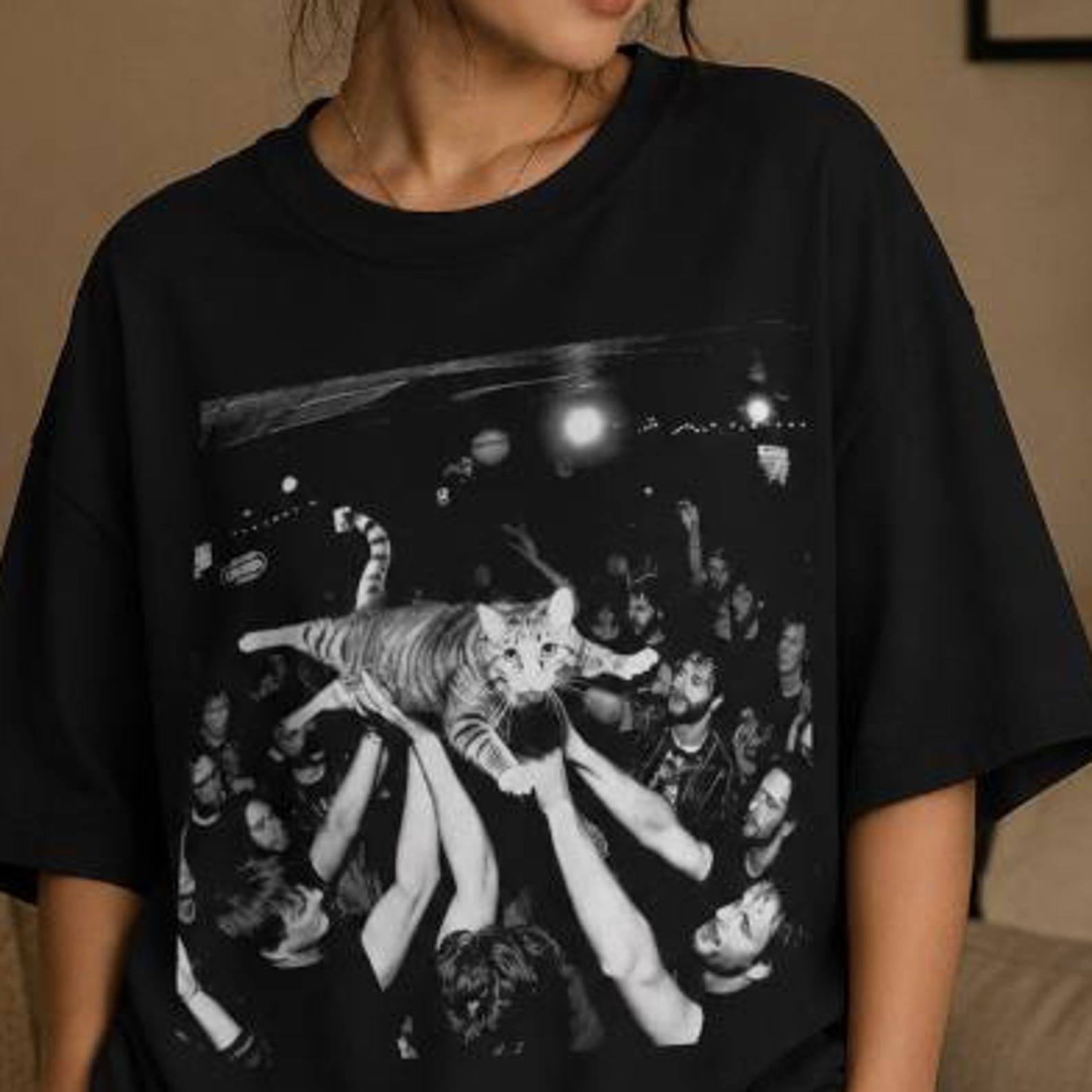 Funny Crowd Surfing Cat T-Shirt, Concert Cat Graphic Tee, Music Festival CaT-Shirt, Funny Cat Meme Gift for Music Lovers, Unisex Gildan 5000 S