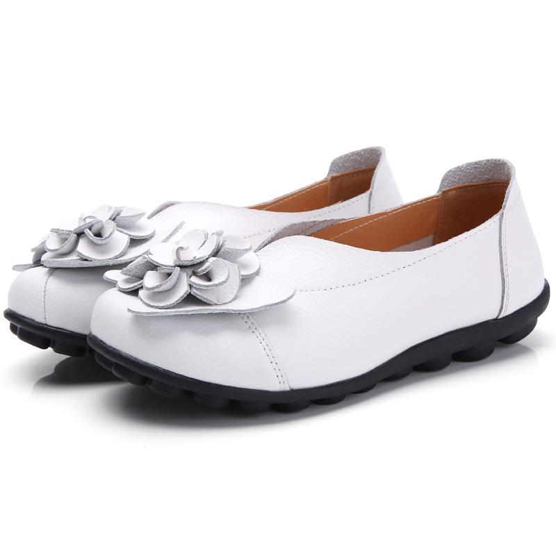Spring Summer Cowhide Flower Mother Shoes Comfortable Bean Women's Shoes Flat Shoe Women's Singles Shoes